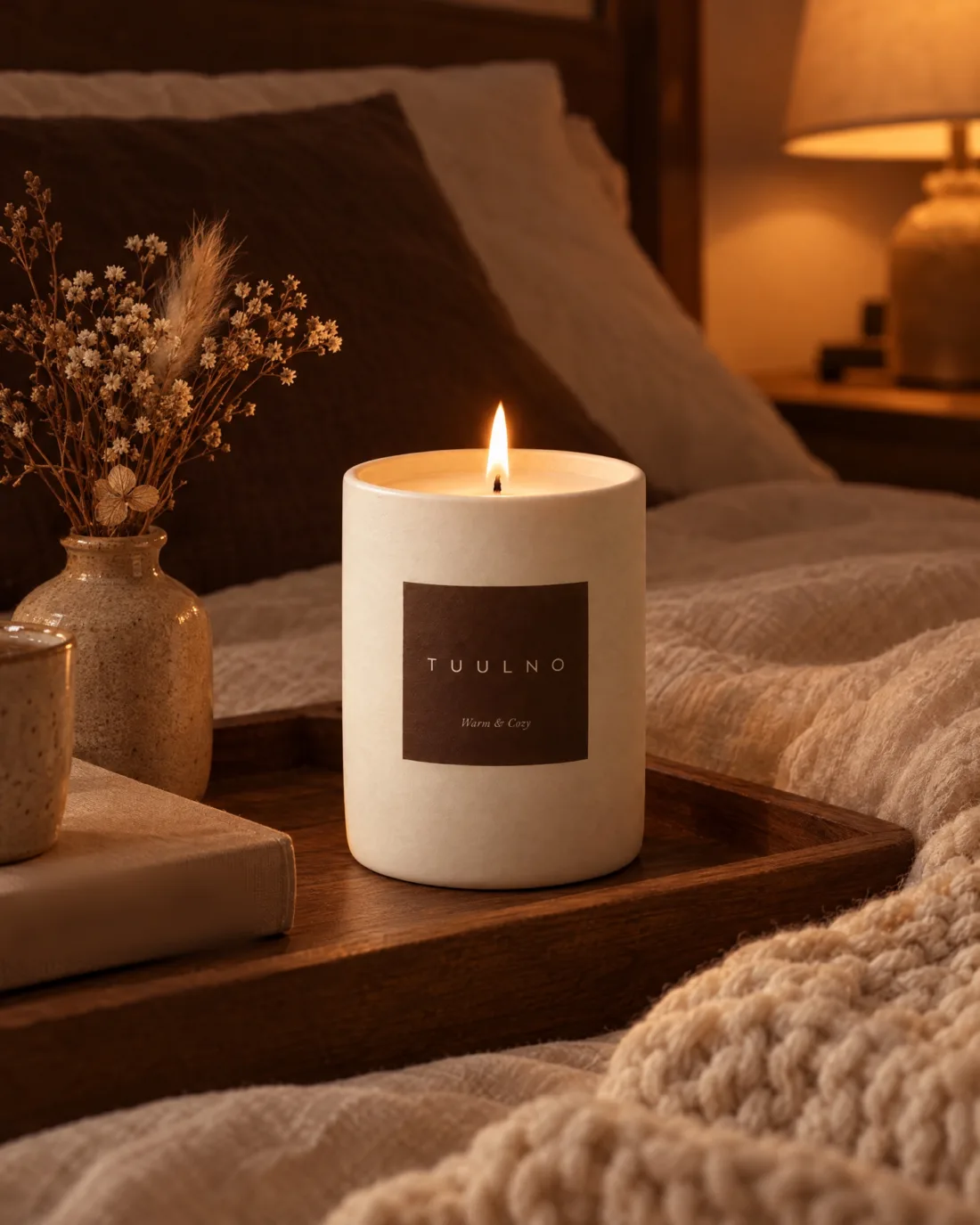 Svíčka Warm & Cozy v útulné ložnici