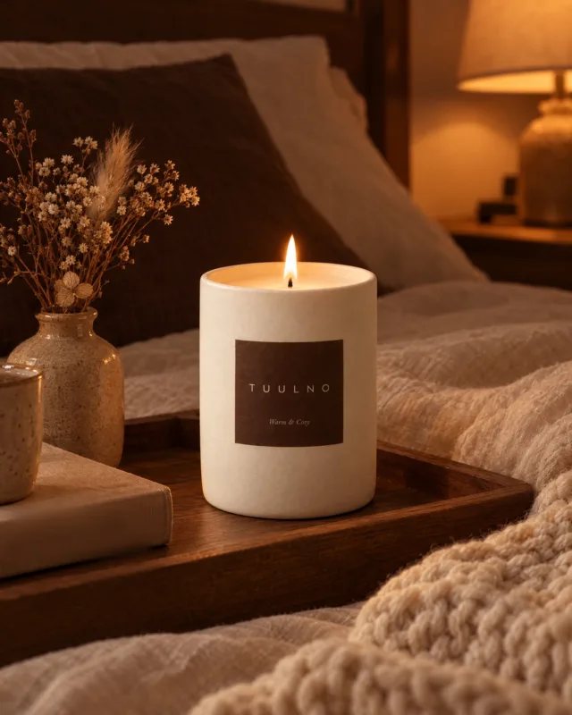 Svíčka Warm & Cozy v útulné ložnici